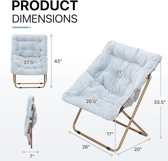 Athena Collection Saucer Chair for Adult, Square Comfy Cozy Chair Folding Chair Faux Fur Metal Frame Foldable Reading Chair Accent Chair for Bed Room Living Room, Blue