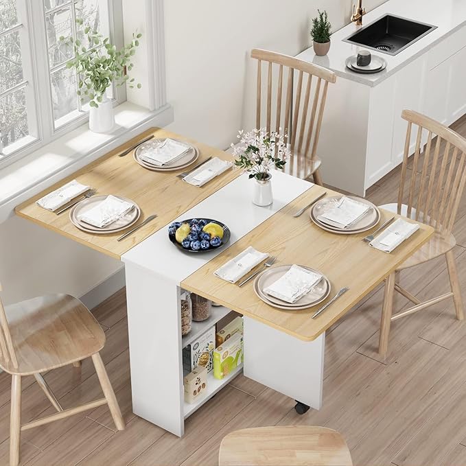 IDEALHOUSE Folding Dining Table, Drop Leaf Dining Table with 6 Wheels and 2-Layer Storage Shelf, Space Saving Kitchen Table for Small Spaces (Natural Wood, 47.2" D x 23.6" W x 29.5" H)