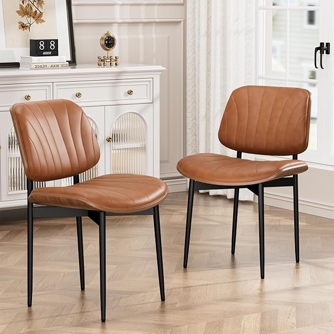 YaFiti Dining Chairs Set of 8, Dining Room and Kitchen Chairs, Mid Century Modern Accent Chair, Upholstered PU Leather Chairs for Vanity with Walnut Bentwood and Metal Legs, Light Tan