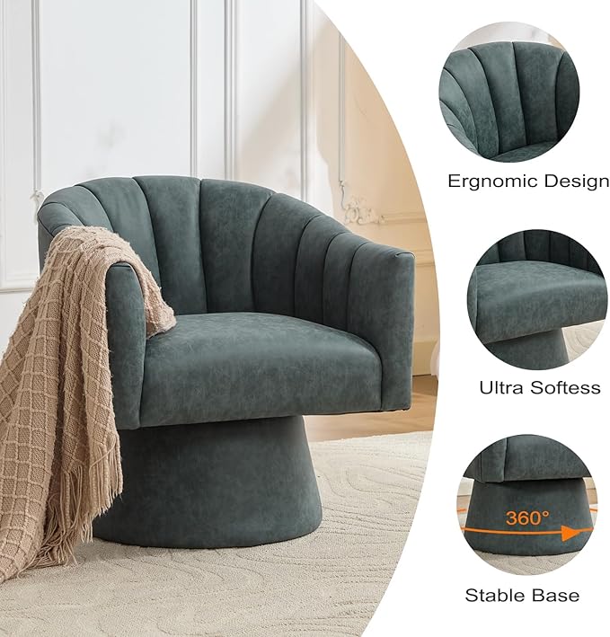 Swivel Accent Chair Set of 2,Faux Leather 360°Swivel Barrel Chair Upholstered Modern Living Room Chair, Overstuffed Reading Armchair for Bedroom,Vanity,Office-Navy