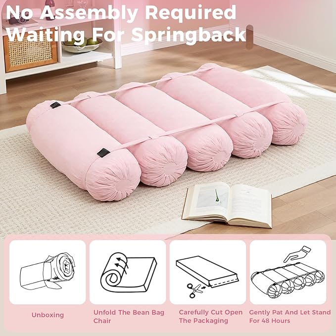 Ekskiei Bean Bag Sofa, Corduroy Sectional with Connecting Straps, Flexible Floor Seating, Soft Foam Filled Lounger, Non-Removable Cover, Reconfigurable Design,Living Room,Bedronm&Offices,Pink