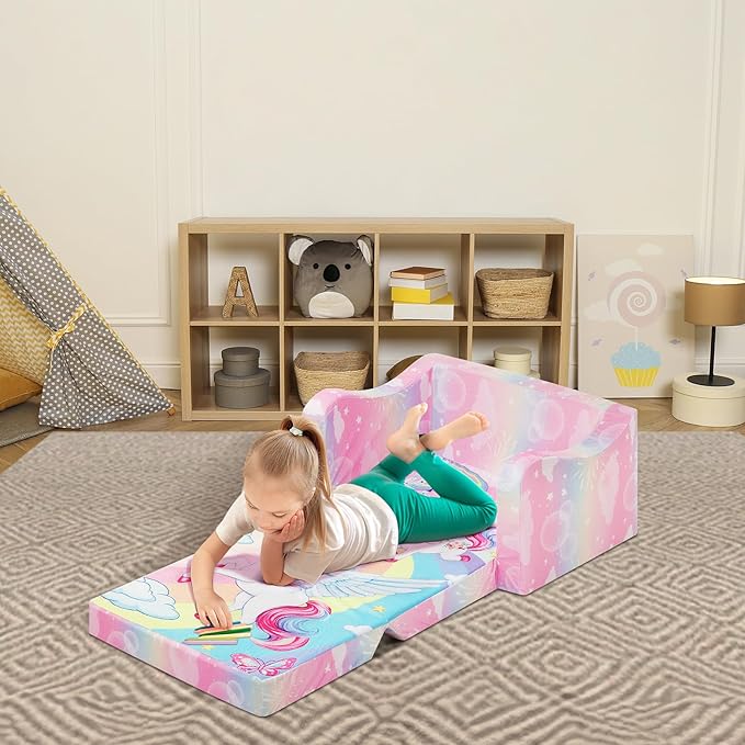 alldomess Comfy Kids Couch, 2-in-1 Folding Kids Sofa Bed for Toddler Girls, Convertible Sofa to Lounger Toddler Couch Chair for Baby Bedroom Playroom Nursery,Unicorn Rainbow