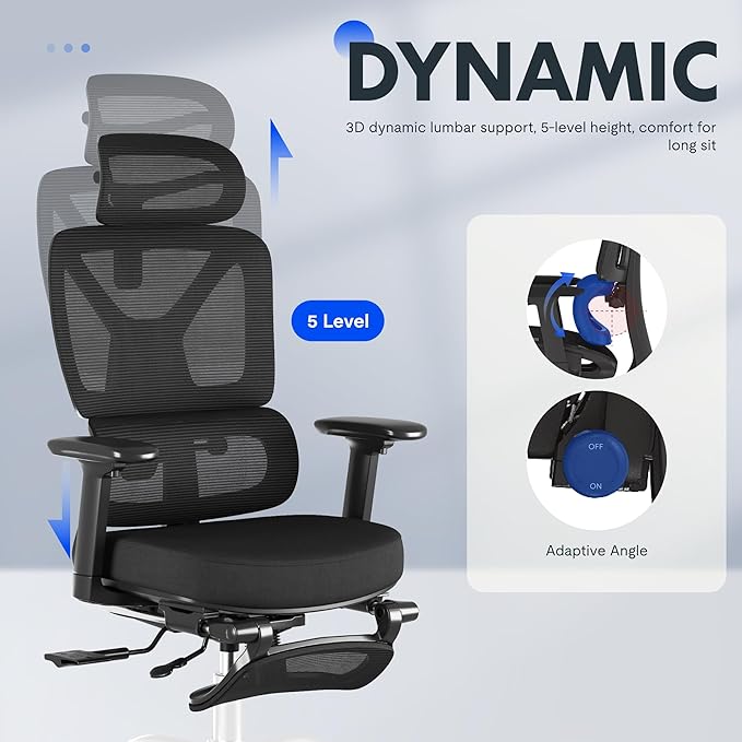FLEXISPOT ErgoX Premium Ergonomic Office Chair with Footrest- Adjustable 3D Armrests, Dynamic Lumbar Support, Recline & Tilt Function, Mesh Seat, for Home & Office Use,Black Foam