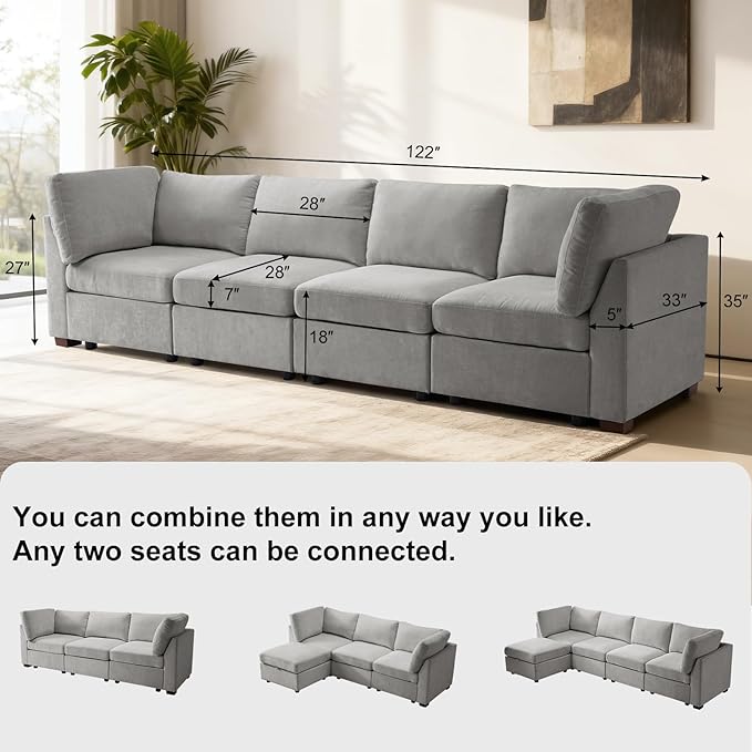EDILLY 122 inches Oversized Modular Sectional Fabric Cloud Sofa Set, Extra Large L Shaped Couch Reversible Chaise Couch,4 Seat Modular Sofa, Light Grey
