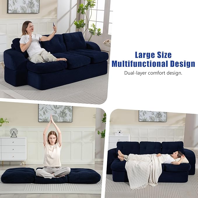 MeMoreCool Convertible Floor Sofa Couch – 3-Seater Sleeper with Tufted Cushions, Navy Corduroy Modular Foam | Cloud Couch for Living Room & Bedroom | No Assembly | Soft Ergonomic Support