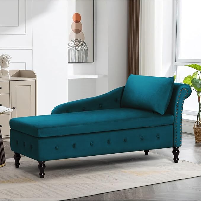 ACMEASE Upholstered Chaise Lounge with Right Armrest & Lumbar Pillow,Button Tufted Lounge Sofa with Storage,Lounge Chair Indoor,Modern Velvet Lounge Chair for Bedroom, Living Room and Office,Teal