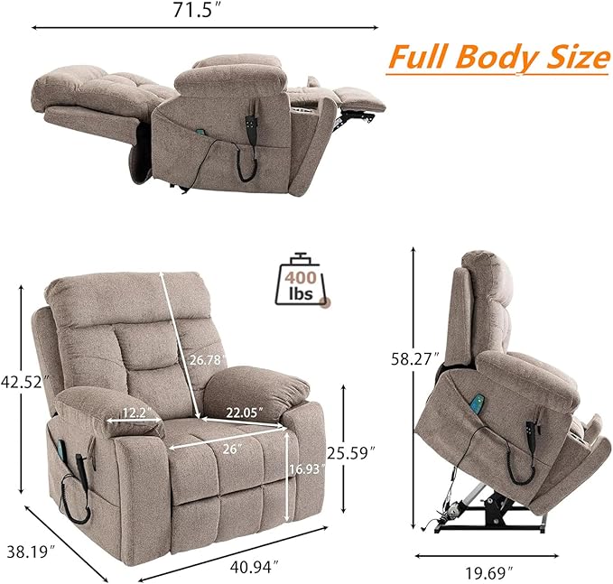 Oversized Wide Recliner Chair for Big Man 400lb, Power Lift Chair with Heat and Massage, Lumbar Vibration for Elderly, Dual Motor Hidden Cup Holder Lay Flat Recliner for Seniors Sleeping