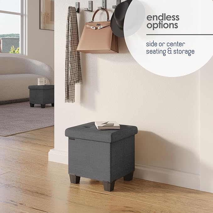 Storage Ottoman Cube with Small Bin, 16-in Square Ottoman with Storage for Living Room and Bedroom, Small Ottomans Foot Rest, Fabric Foot Stools Ottomans Max 330lbs, Grey
