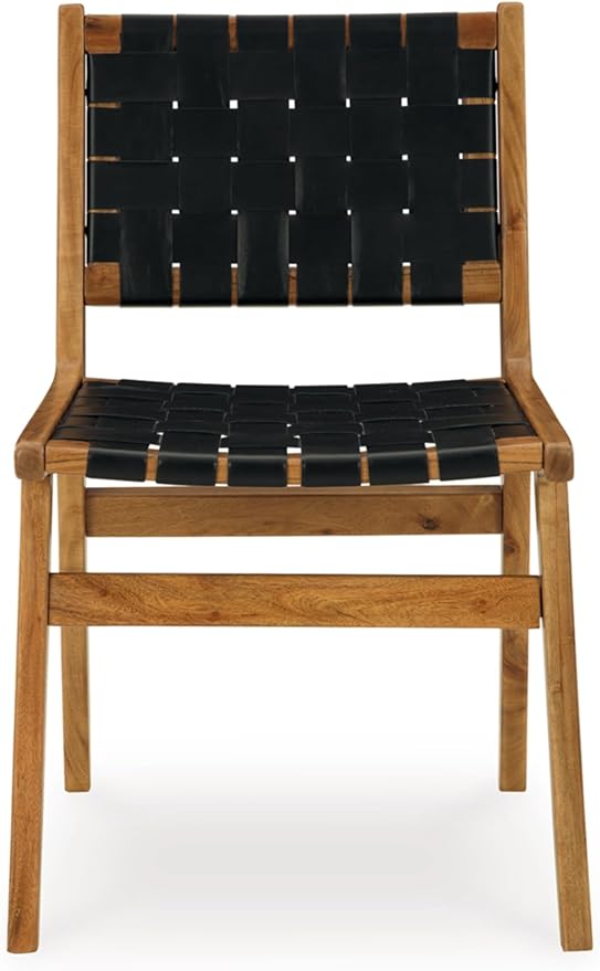 Signature Design by Ashley Fortmaine Modern Upholstered Armless Dining Chair with Open Back and Woven Leather Straps, Set of 2, Light Brown & Black