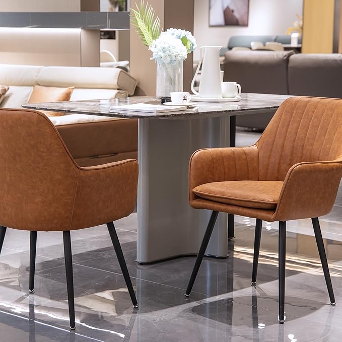 Purgreen Faux Leather Dining Chair Set of 2 - Modern Mid-Back Accent Chair with Metal Legs - Comfy Upholstered Chair for Living Room，Restaurant，Reception Room (Leather Whisky Brown, Set of 2)