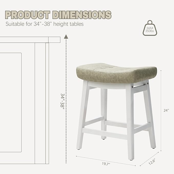 RNKSFX Counter Height Bar Stools Set of 2 for Kitchen Counter Farmhouse Modern Barstools with Faux Leather Upholstered Backless Seat and Solid Wood Legs 24 inch Bar Chairs, Light Grey + White