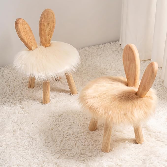 XXYOUPIN Bunny Chair for Kids 1-4 Years, Wooden Base with Removable Cushion,Anti-Tip Toddler Stool,Baby Nursery Decor Gift,Rabbit Design（1pack/Pearl White）