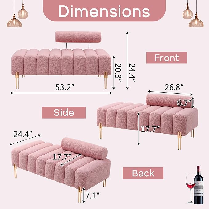 NIOIIKIT 53.2" Modern Loveseat Sofa Couch, Upholstered Accent Sofa with Golden Legs and Adjustable Backrest, Small Teddy Fleece Couches for Bedroom, Living Room, Compact Small Space (Pink)