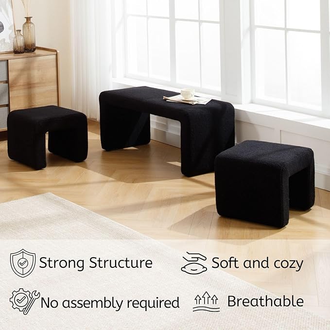 LukeAlon 3-Piece Nesting Ottoman Bench Set, 40.5" Wide Upholstered End of Bed Bench with 2 Small Stools Sherpa Comfy Entry Bench Vanity Bench Stools Modern Arched Bench for Living Room Bedroom, Black