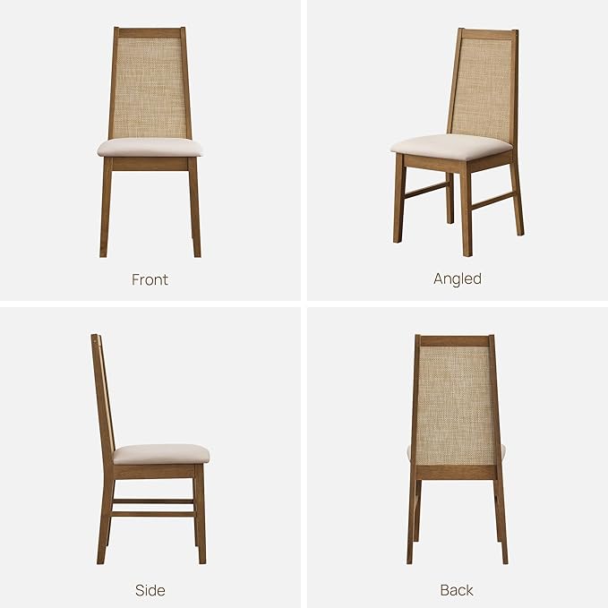 SICOTAS Wood Dining Chairs Set of 6 - Rattan Dining Room Chairs with Solid Wood Leg, Farmhouse Upholstered Kitchen Chairs High Back, Modern Armless Dining Chair for Dining Room, Kitchen, Oak, 6PCS