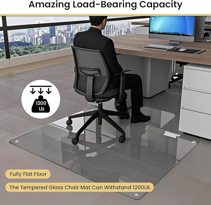 VSARHouse Irregular Tempered Glass Office Chair Mat with Lip, 53"x45" Glass Floor Mat for Carpets or Hard Floors, with Tabbed and Non-Slip Pads, Effortless Rolling, Thick 0.2"