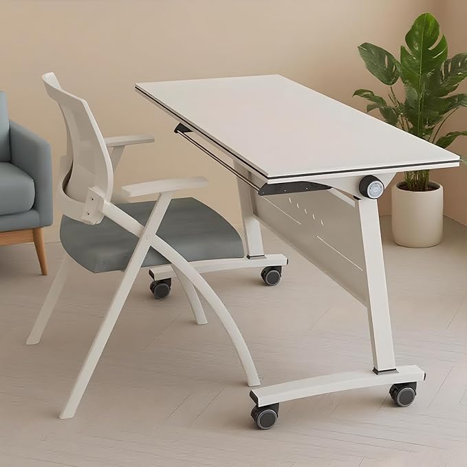 Folding Conference Room Tables, Flip Top Mobile Training Table with Wheels, Mobile Dynamic Meetings Training Tables, Portable Office Executive Desk, Rolling Seminar Meeting Table (3, White, 55.1in)