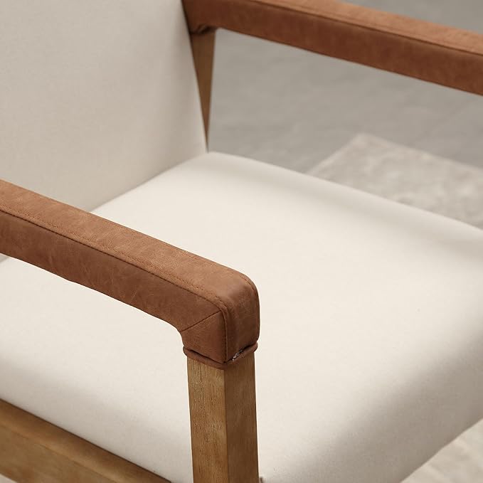 DM Furniture Mid Century Modern Dining Chairs Set of 2 Linen Fabric Upholstered Accent Chairs Comfy Kitchen Chairs with Solid Wood Frame Armchair for Living Room, Ivory
