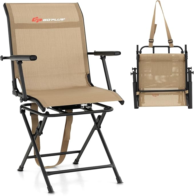 Goplus Hunting Chair, 360° Swivel Folding Hunting Blind Chair with Carrying Strap, 330LBS Capacity, Portable Deer Hunting Stool, Silent Ground Dove Hunting Chair, No Assembly