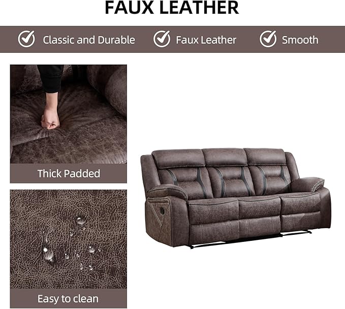 EBELLO Faux Leather Recliner Sofa Furniture Set for Living Room, 2 Recliner Chairs, 3 Seat Reclining Sofa Couch Set for Meeting Room, Grey