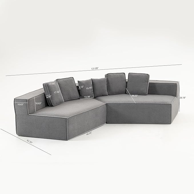 KEIKI 132" Teddy Fabric Oversized Modular Sofa Full Foam Support Soft Deep Seat Sectional Couch for Home Office Creative Studio Reading Lounge Long Sitting Comfort Modern Interior Style