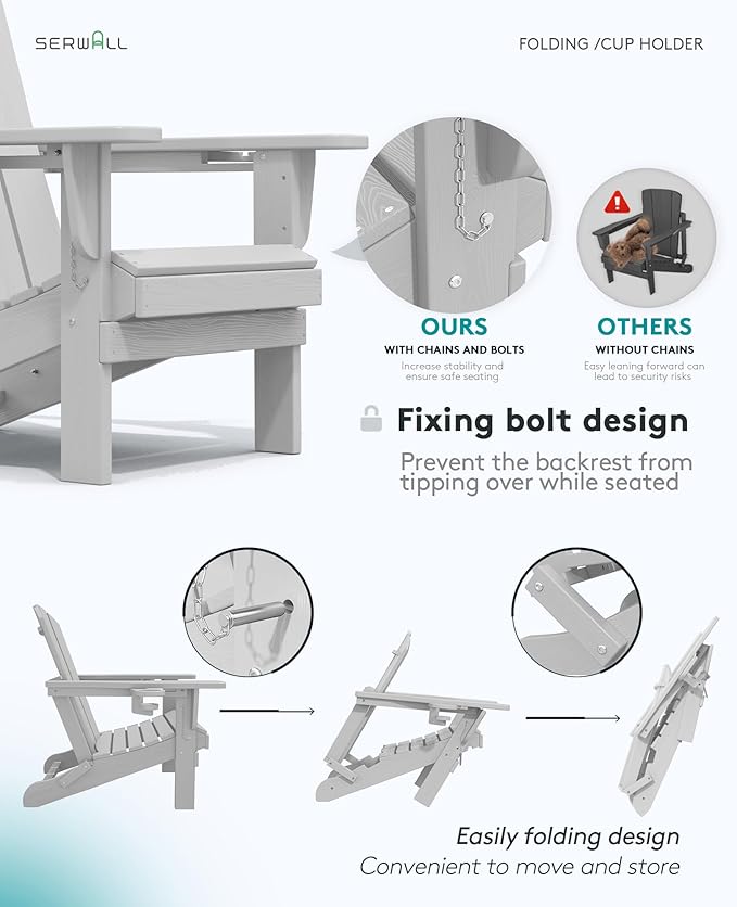 SERWALL Adirondack Chair with Cup Holders - Composite Adirondack Chairs Set of 6 HDPE Outdoor Chairs All Weather Use- Silver Gray