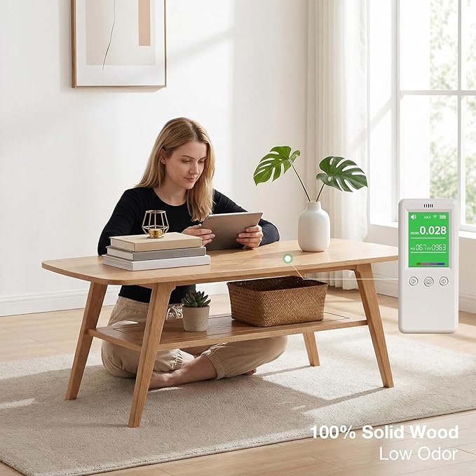 Mid Century Modern Coffee Table: 100% Solid Wood Coffee Table - 2-Tier Storage Design - Space Saving Small Coffee Tables for Living Room, Apartment (Natural, 31.49")