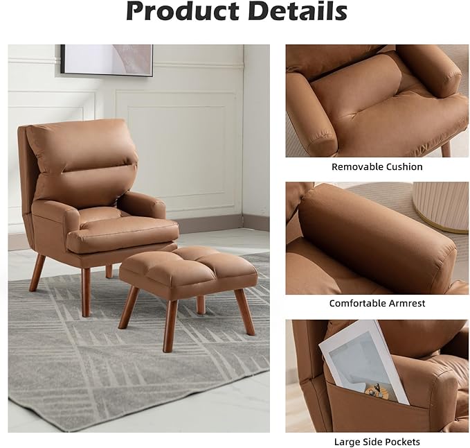 IOMOR Modern Accent Chair with Storage, Single Sofa Armchair with Plump Back Pillow, Upholstered Comfy Chair for Living Room, Bedroom, Office (Brown)