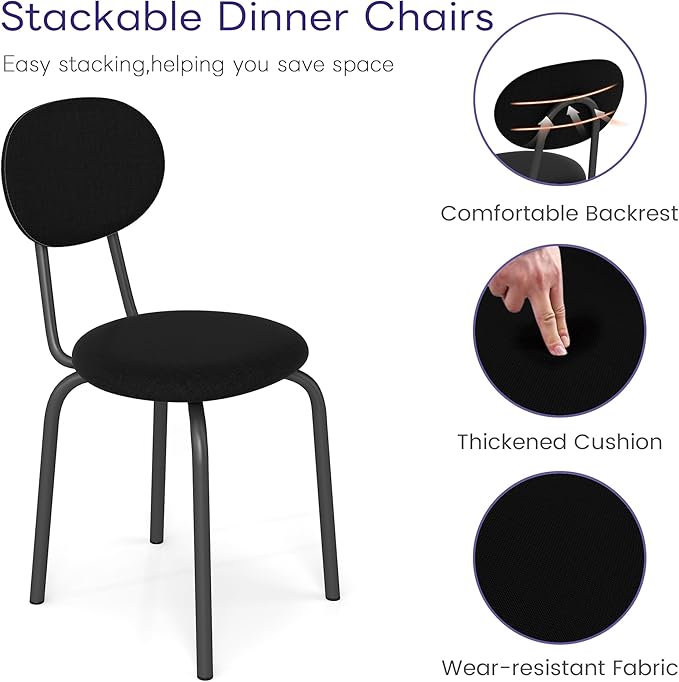 Stackable Dining Chairs Set of 4, Stackable Waiting Room Chairs, Stacking Kitchen Chairs with Upholstered Back and Seat with Dense Foam Cushions, Steel Frame with 400 Lb. Capacity, Black