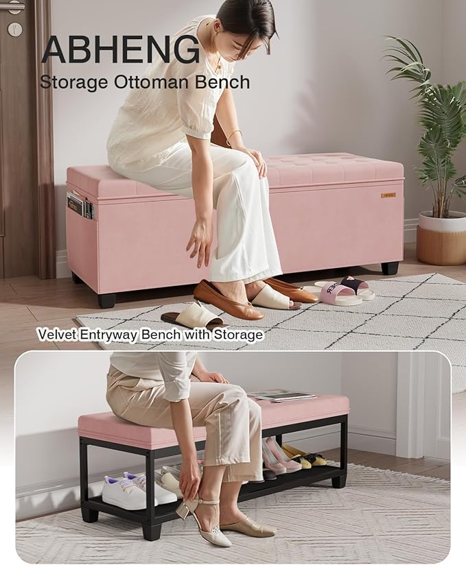 ABHENG Velvet Storage Ottoman Bench, End of Bed Bench with Legs, Large Entryway Bench, Foot Rest Stool, Tea Table for Bedroom, Living Room, Loads 770 lb, 15.7"L x 43"W x 15.7"H, Jelly Pink, UASND62P
