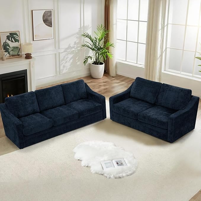 ACMEASE 2 Pieces Chenille Sofa Sets w/Comfortable Back Cushions, Modern Loveseat & Sofa w/Deep Seat Space, Upholstered 2 Seat & 3 Seats Couch Sets w/High Resiliency Foam for Living Room, Office Blue