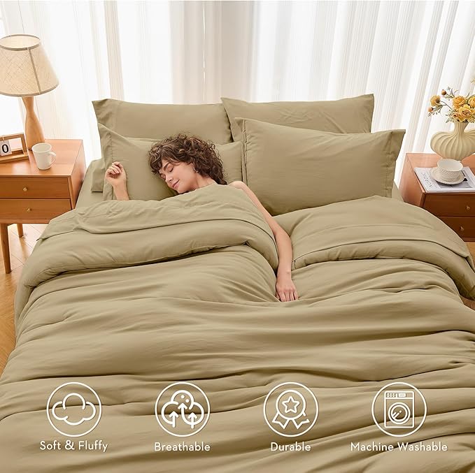 MUXHOMO 7 Pieces King Comforter Set, Soft Bed in a Bag King Size, All Season Bedding Set with Comforter, Flat Sheet, Fitted Sheet, Pillowcases & Shams, Khaki