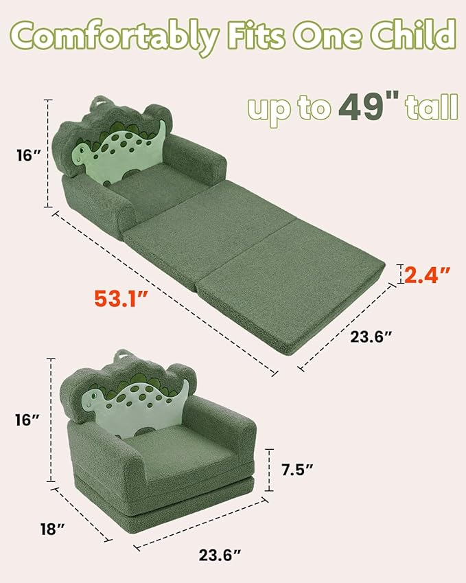 TinyPalsa Kids Couch, Convertible Sofa to Lounger Fold Out, Green Dinosaur Design Chair for Toddlers 1-3, Gift for Movie Night, Camping, and Napping