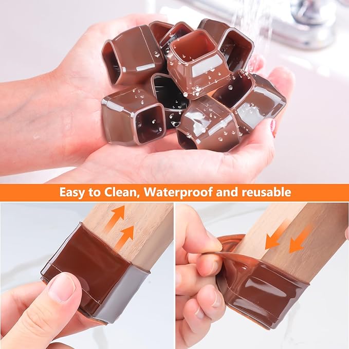 16pcs Square Chair Leg Floor Protectors, Felt Pads Chair Leg Protectors for Hardwood Floors, Silicone Furniture Feet Cups Covers Felt Pads, Prevents Scratches & Reduce Noise, Brown, Large