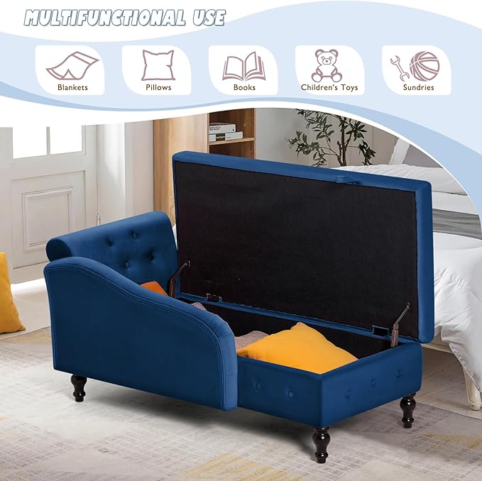 ACMEASE Upholstered Chaise Lounge with Right Armrest & Lumbar Pillow,Button Tufted Lounge Sofa with Storage,Lounge Chair Indoor,Modern Velvet Lounge Chair for Bedroom, Living Room and Office,Blue