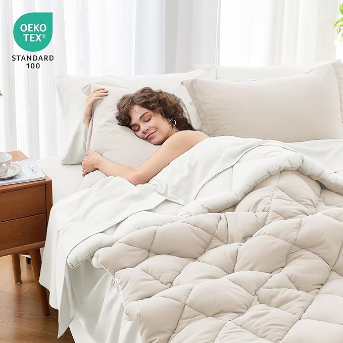 MUXHOMO 7 Pieces King Comforter Set, Reversible Bed in a Bag King Size, All Season Bedding Set with Comforter, Flat Sheet, Fitted Sheet, Pillowcases & Shams, Beige & White