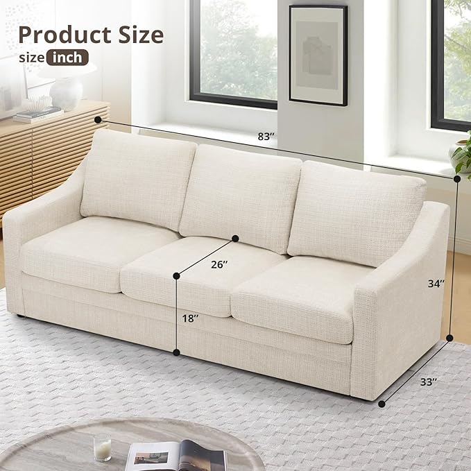 ACMEASE 83 Inches Chenille 3-Seat Sofa w/Comfortable Back Cushions, Modern Sofa w/Deep Seat Space, Upholstered 3 Seater Couch w/High Resiliency Foam for Living Room, Beige