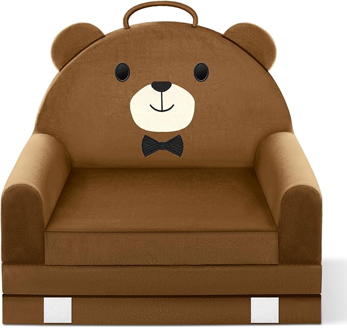 ORWIPO Kids Sofa Bed with Removable Washable Cover & Magic-Tape Backrest – Foldable Toddler Chair, Cozy Crystal Velvet Furniture for Playtime, Naps & Travel (Soft Brown, Bear Design)