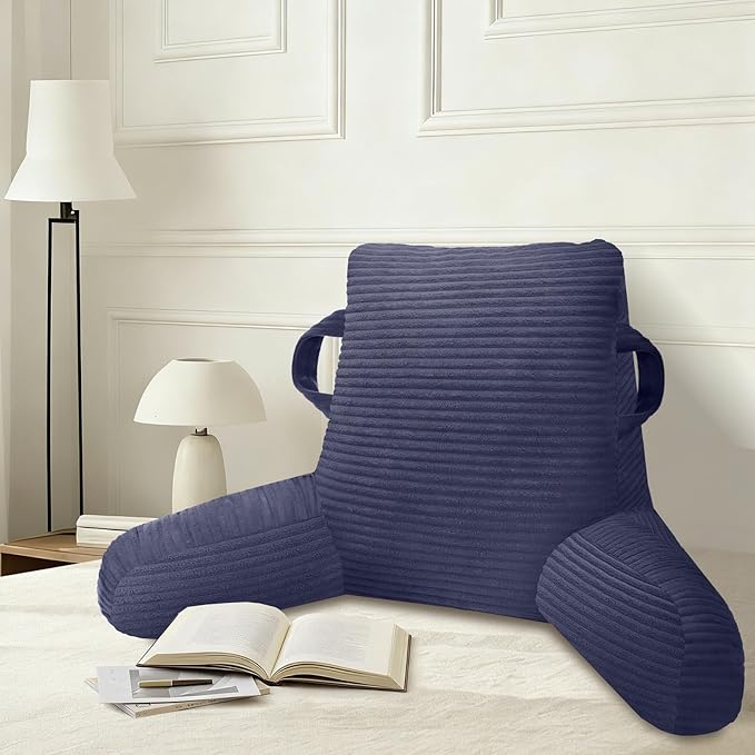 ABROLOY Reading Pillow for Sitting in Bed Adult, Bed Reading Pillow with Shredded Memory Foam, Back Pillow for Sitting with Arms and Pockets, Deepblue