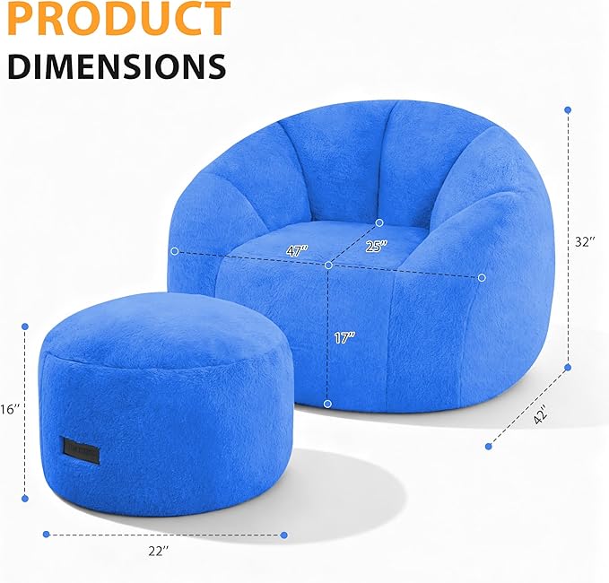 HABUTWAY Bean Bag Chair, Oversized Shell-Shaped Bean Bag Couch with Ottoman, Giant Beanbag Chair for Adults and Kids, Comfy Bean Bag Sofa & Footstool, Large Floor Sofa for Living Room Bedroom, Blue