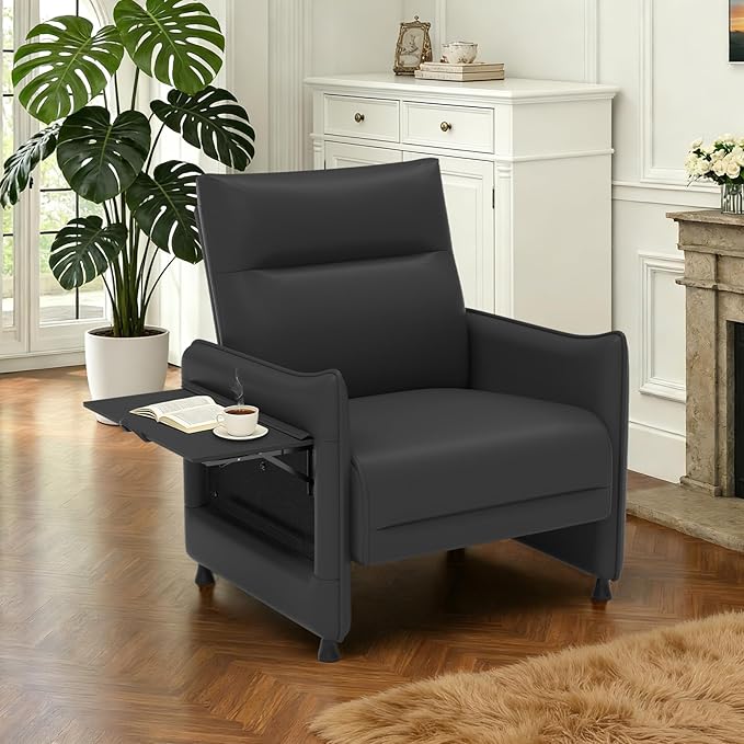 Upholstered Accent Sofa, Modern Faux Leather Sofa Chair with Hidden Foldable Tray & Side Pocket, Front Contour Arm Design, Small Accent Sofa for Bedroom, Black