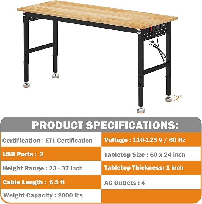 Betterhood Adjustable Height Workbench, 60" Rubber Wood Top Heavy Duty Workstation with Power Outlets, 2000 LBS Load Capacity Hardwood Worktable for Workshop, Garage, Office, Home, Commercial