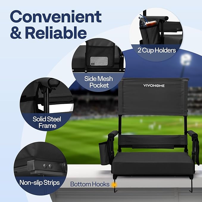 VIVOHOME Height Adjustable High Back Stadium Seat with Back Support and Cushion, Portable Bleacher Chair with Cup Holder and Shoulder Strap, Black