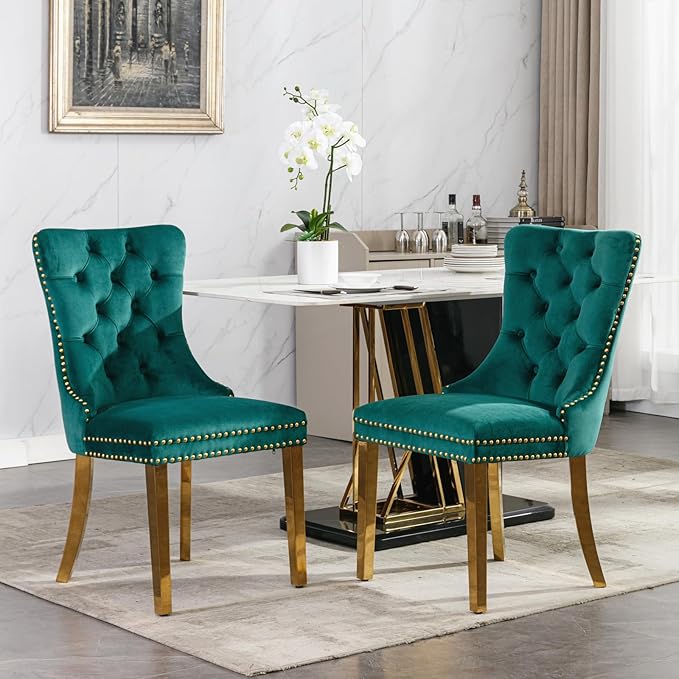 YeahFurn Mid Century Modern Dining Chairs Set of 4, Green Velvet Upholstered Tufted Back, Kitchen & Dining Room Chairs, Gold Metal Legs, Nailhead Trim, Sillas para Comedor (Green, 4 Pcs)