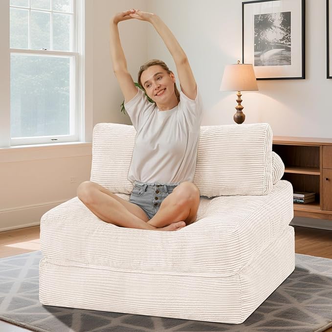 HABUTWAY Folding Sofa Bed, Convertible Sleeper Chair Bed w/Dual-Pillow & Handle, Foldable Floor Sofa Lounge w/Back Support for Living Room, Bedroom, Apartment, Office, Single, Beige