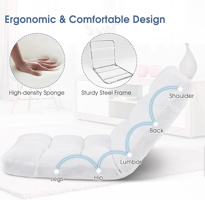 ARLIME Adjustable Floor Chair, 14-Position Lazy Sofa Chair with Back Support & Thick Padding, Portable Foldable Floor Couch for Adults, Kids, Use in Bedroom, Living Room, Home Theater (White)