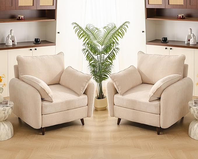 Oversized Accent Chair Set of 2,All Seats Storage,Comfy Armchair,24.5'' Deep Seat,Upholstered Living Room Chairs,Reading Chair for Bedroom,Office,Chenille,Cream