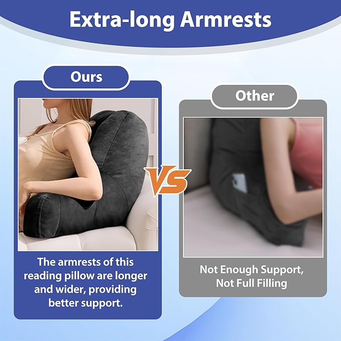 IASEAHK Reading Pillows for Sitting in Bed Adult, Back Pillow for Bed Sitting Up, Backrest Pillows with Shredded Foam for Adult&Teens, Support Pillow with Arms for Beds, Couch, Floor, 20in, Black