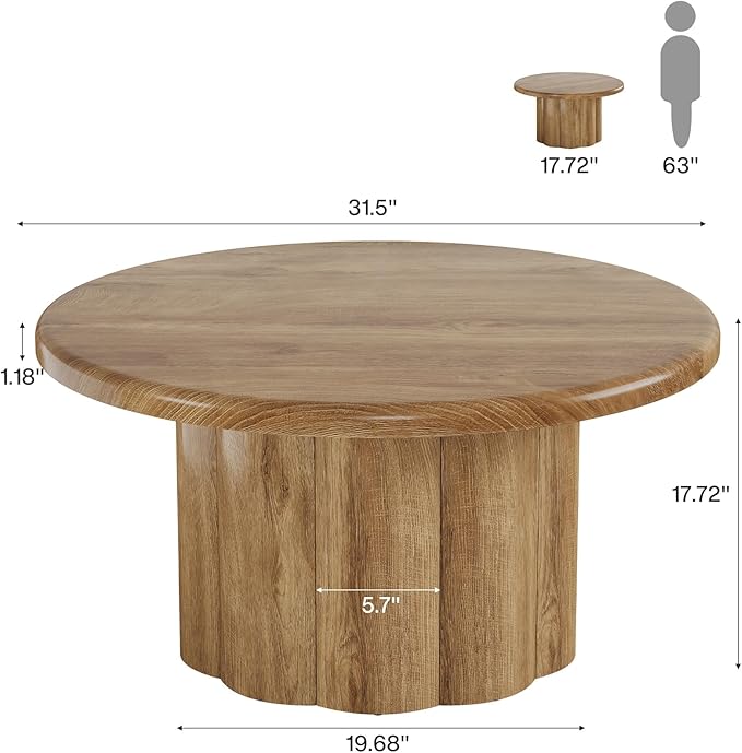 Tribesigns 31.5" Round Coffee Table for Living Room, Farmhouse Circle Center Cocktail Table with Fluted Drum Base, Wooden Living Room Furniture for Apartment, Small Space, Brown