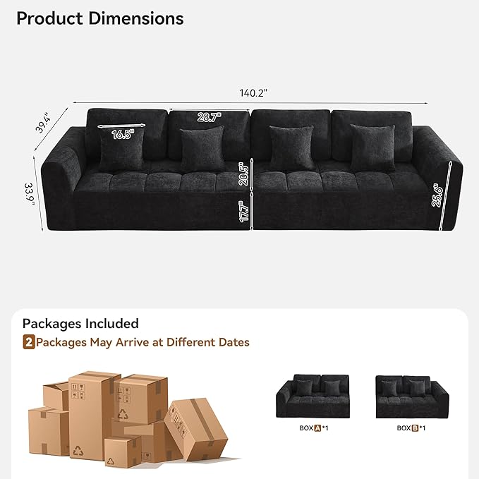 140''Modular Sectional Couches for Living Room, Cloud Boneless Compressed Sectional Sofa, Oversized 4 Seater Upholstered Memory Foam Sofa, No Assembly, Chenille Black